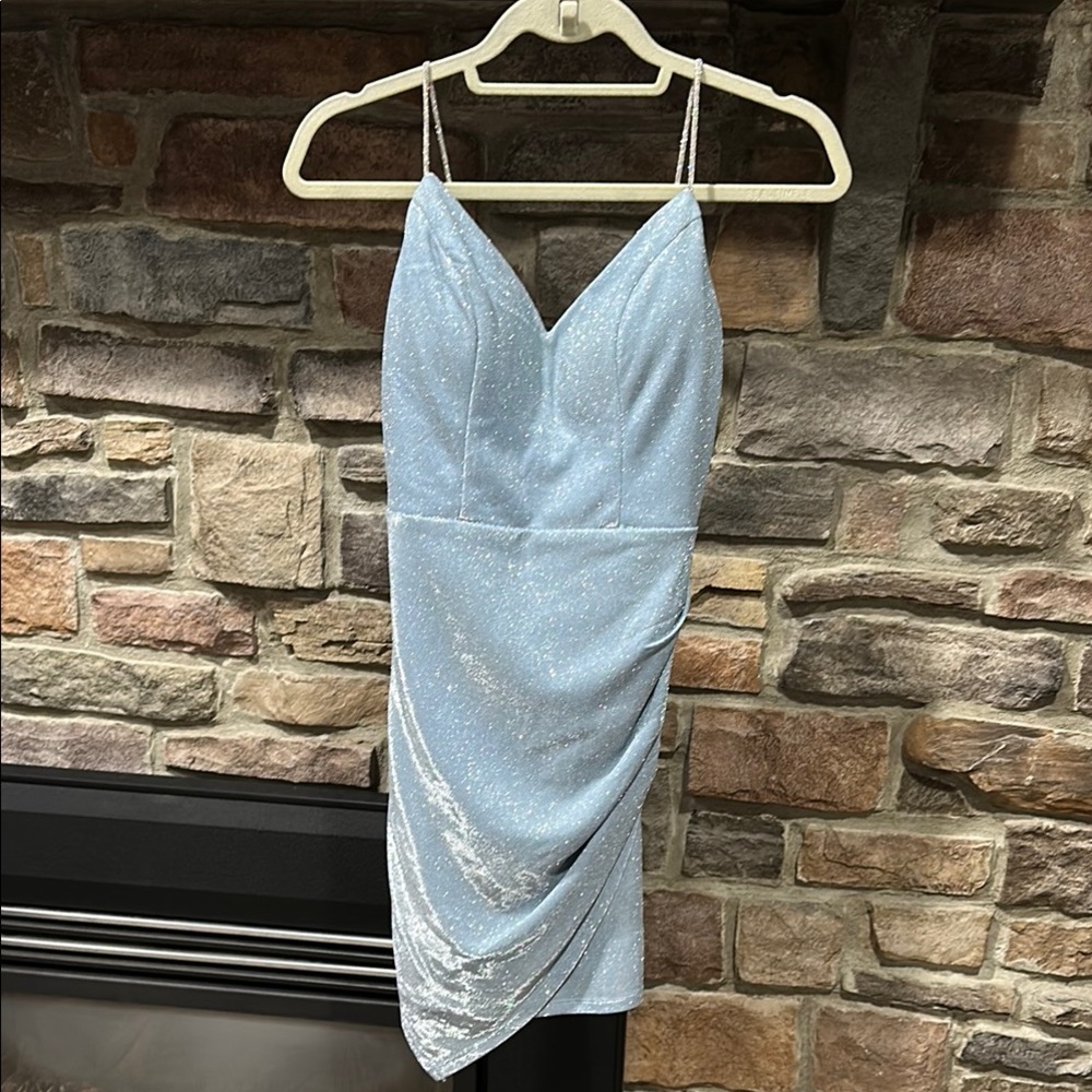 Crystal Doll Blue Asymmetrical Ruched Mini Dress
